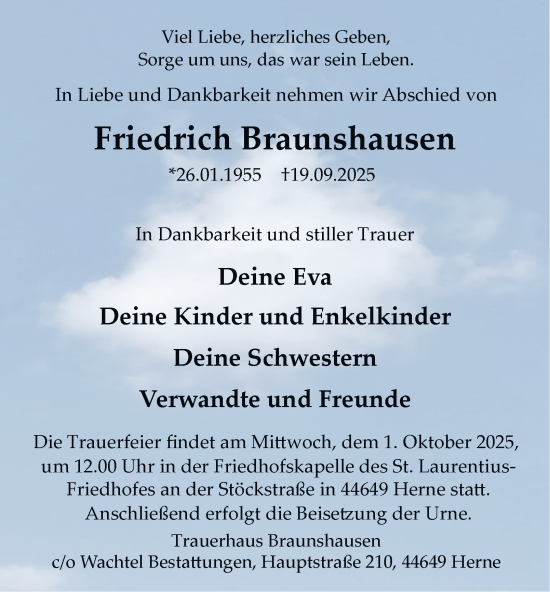 Traueranzeige von Friedrich Braunshausen von Tageszeitung