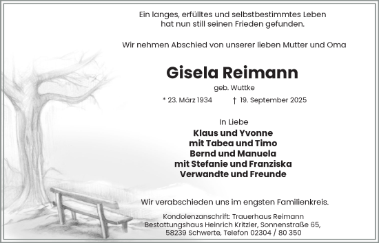 Traueranzeige von Gisela Reimann von Tageszeitung