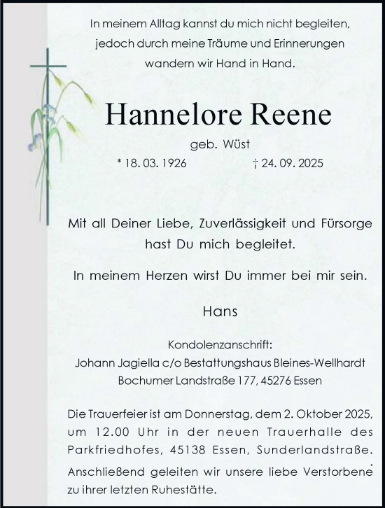 Traueranzeige von Hannelore Reene von Tageszeitung