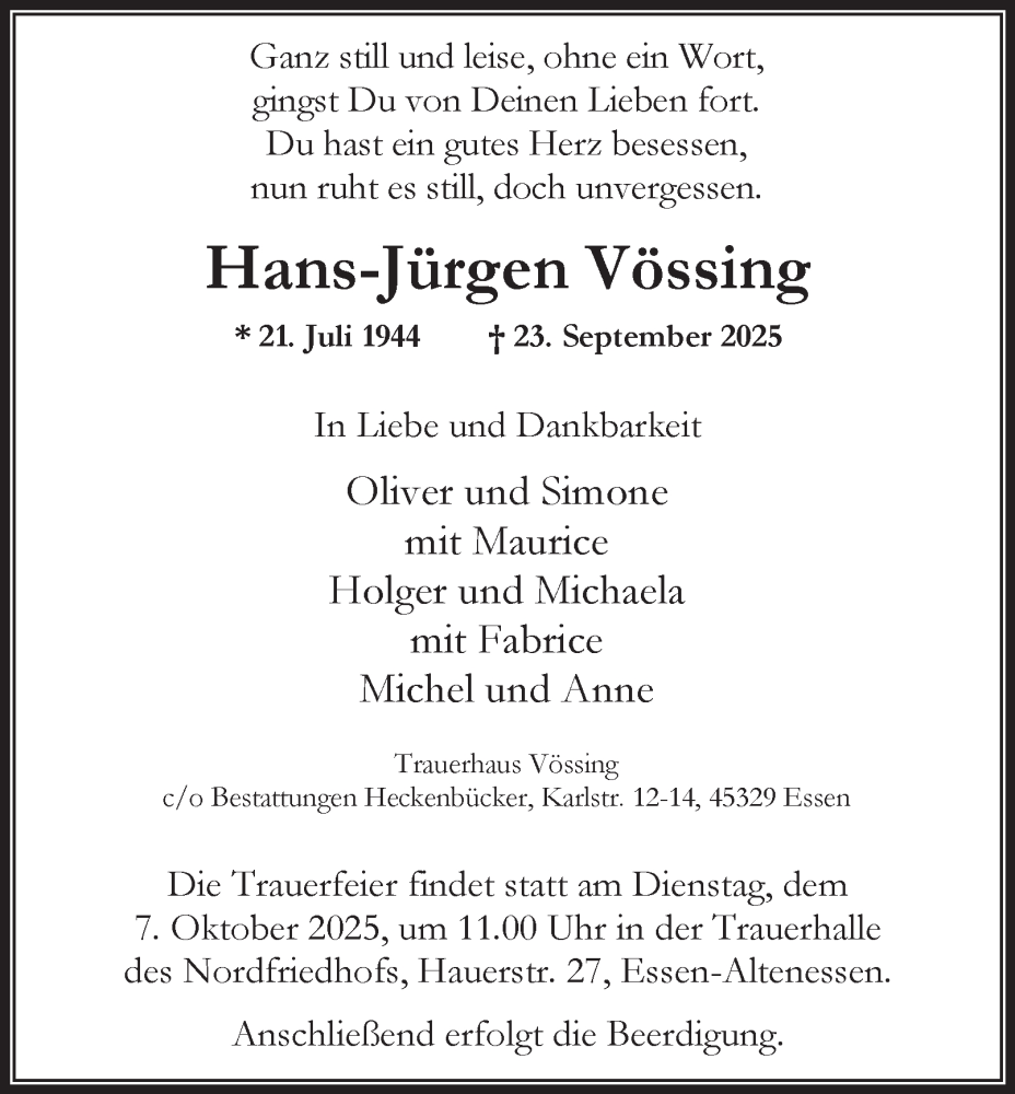  Traueranzeige für Hans-Jürgen Vössing vom 27.09.2025 aus Tageszeitung
