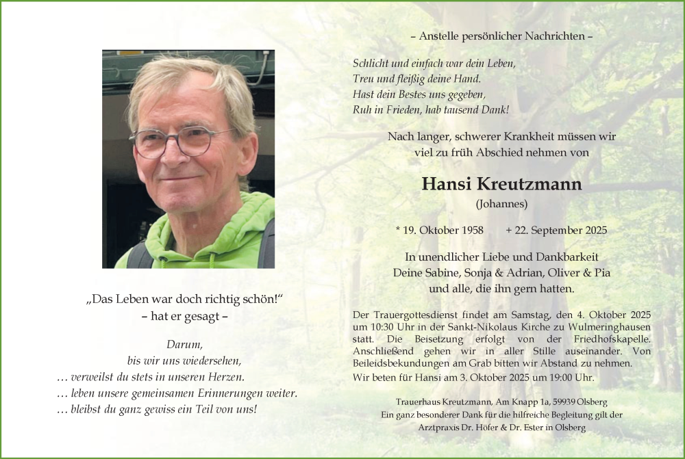  Traueranzeige für Hansi Kreutzmann vom 27.09.2025 aus Tageszeitung