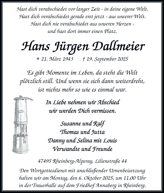 Traueranzeige von Hans Jürgen Dallmeier von Tageszeitung