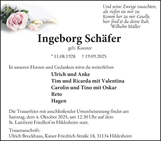 Traueranzeige von Ingeborg Schäfer von Tageszeitung