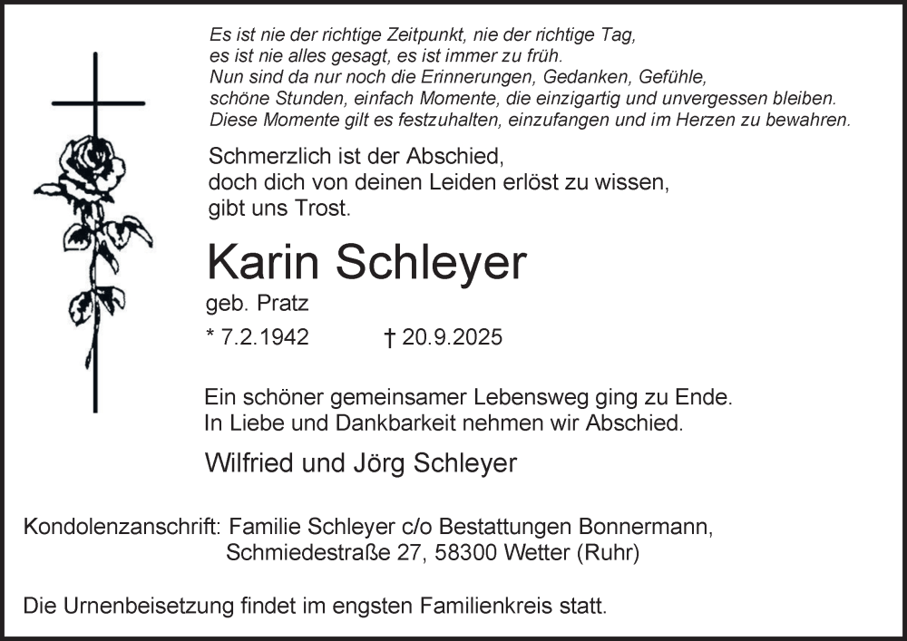  Traueranzeige für Karin Schleyer vom 27.09.2025 aus Tageszeitung