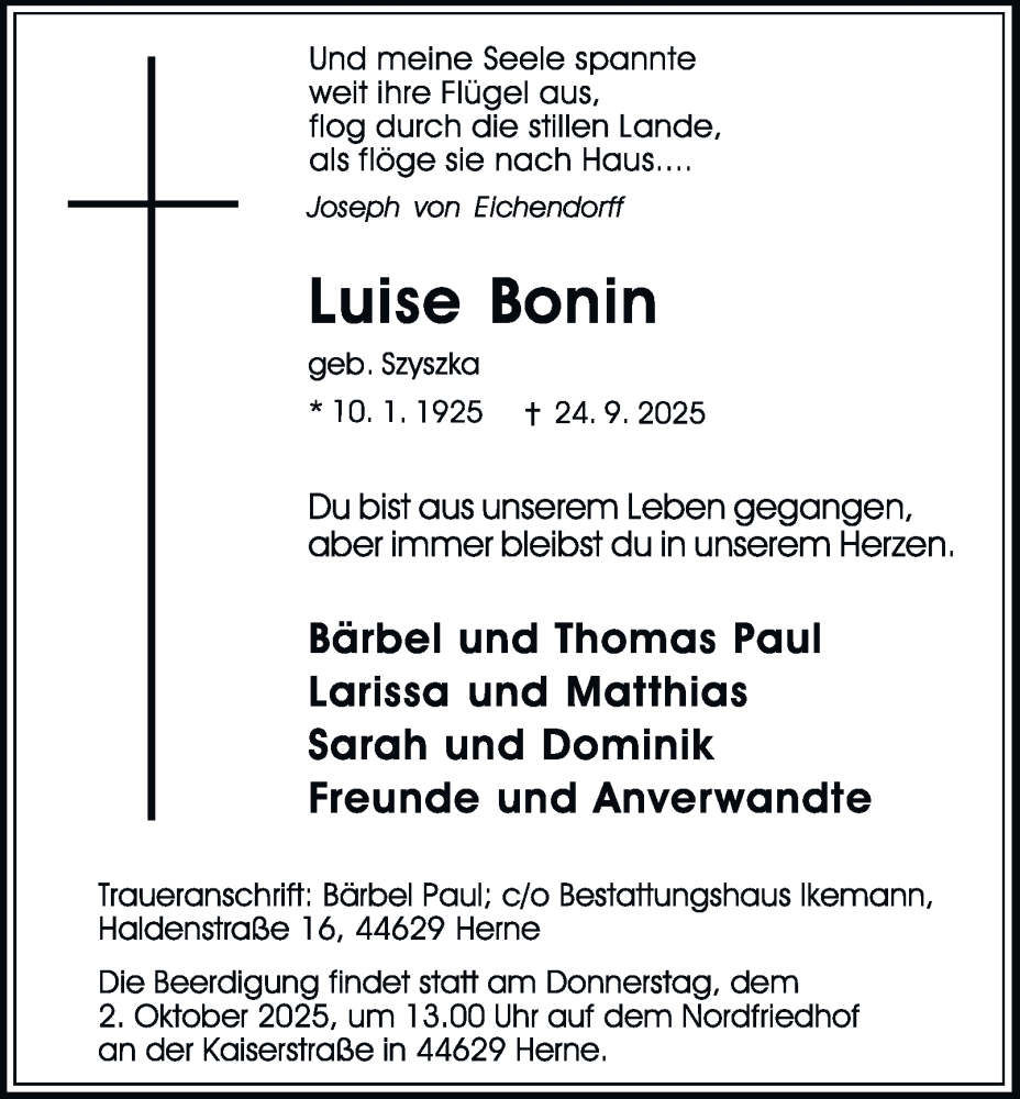  Traueranzeige für Luise Bonin vom 29.09.2025 aus Tageszeitung