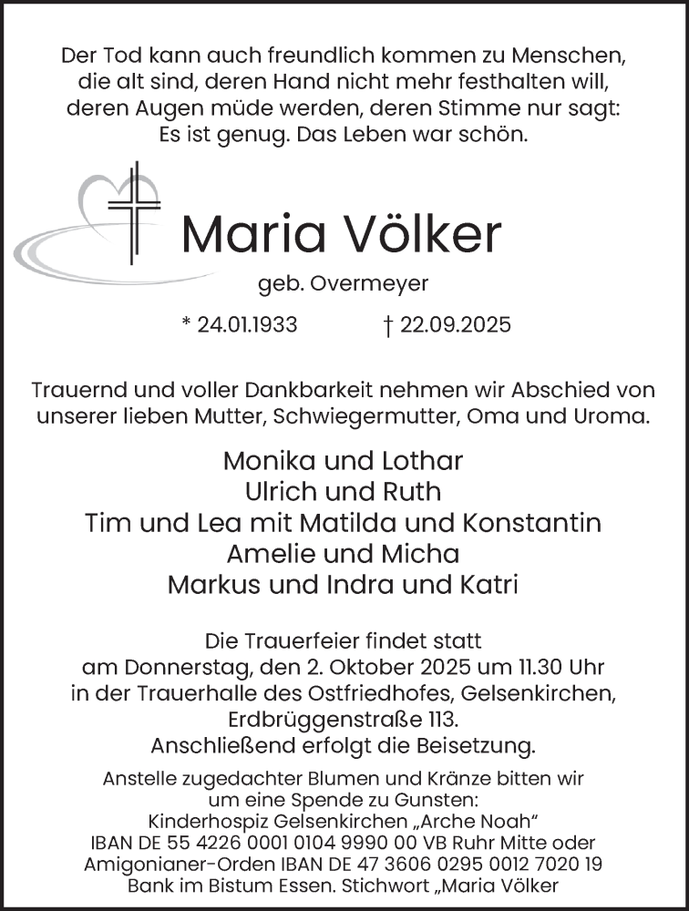  Traueranzeige für Maria Völker vom 27.09.2025 aus Tageszeitung