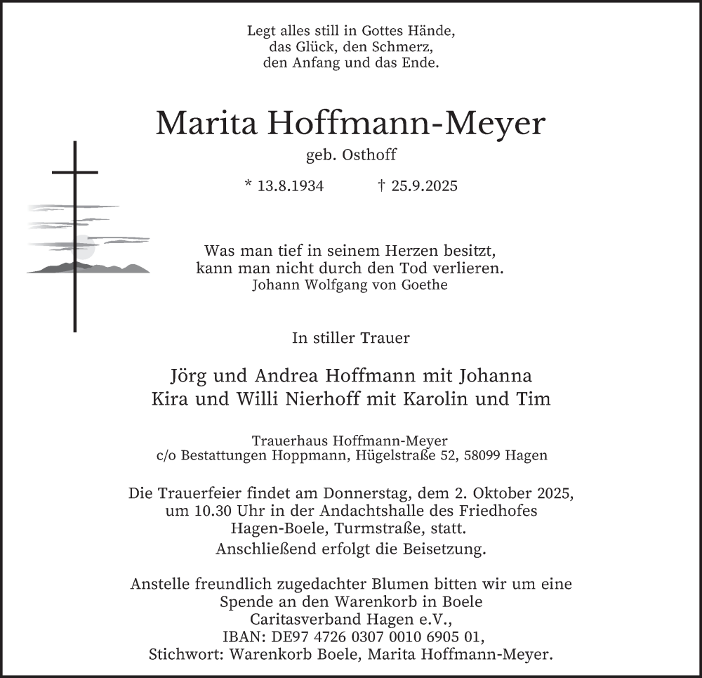  Traueranzeige für Marita Hoffmann-Meyer vom 27.09.2025 aus Tageszeitung