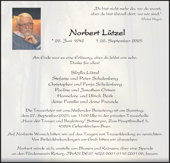Traueranzeige von Norbert Lützel von Tageszeitung