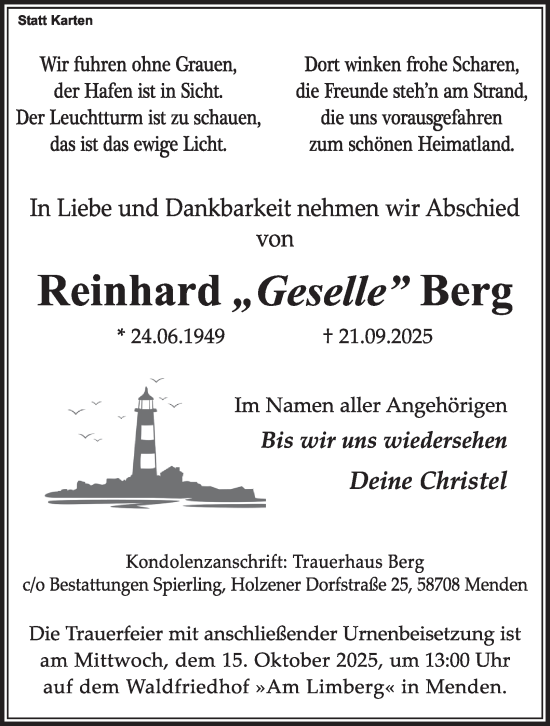 Traueranzeige von Reinhard Berg von Tageszeitung