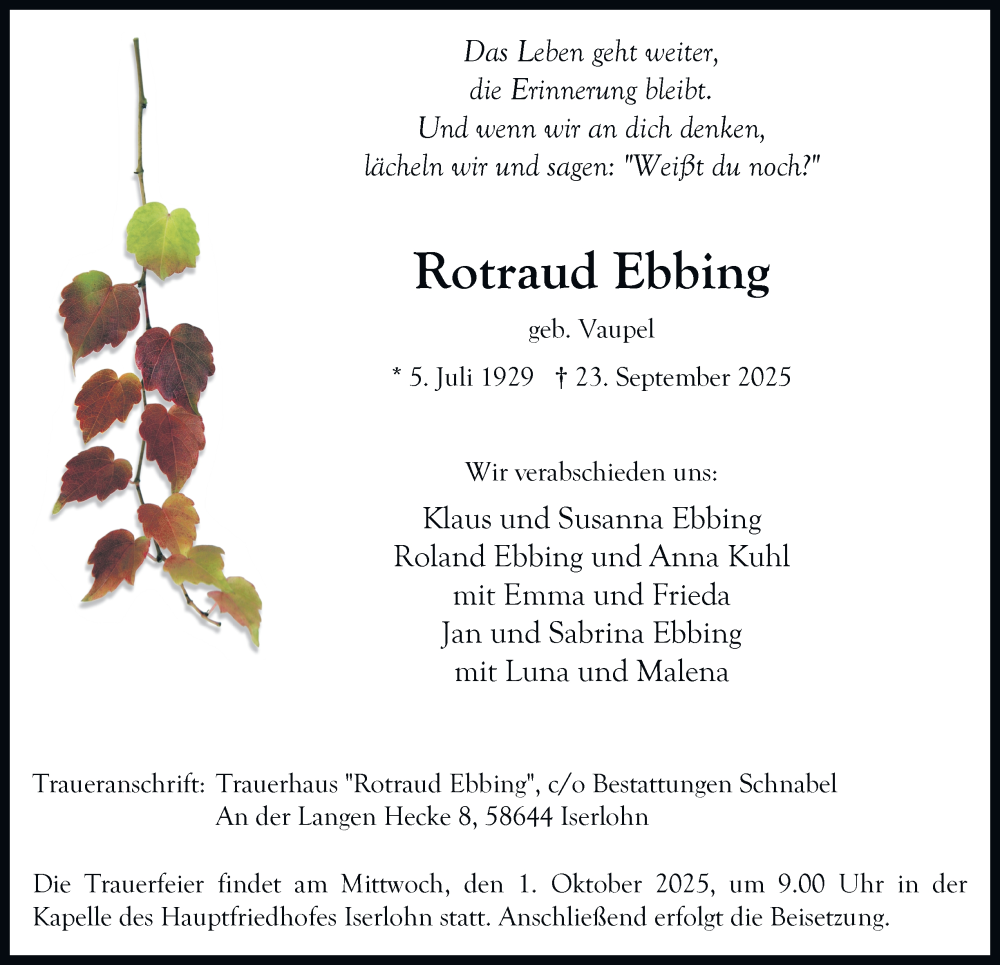  Traueranzeige für Rotraud Ebbing vom 27.09.2025 aus Tageszeitung