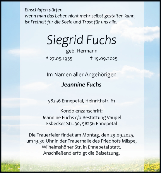 Traueranzeige von Siegrid Fuchs von Tageszeitung