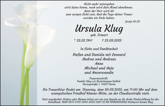 Traueranzeige von Ursula Klug von Tageszeitung