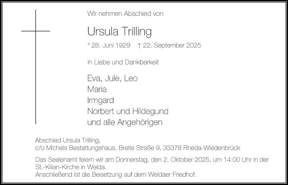  Traueranzeige für Ursula Trilling vom 27.09.2025 aus Tageszeitung