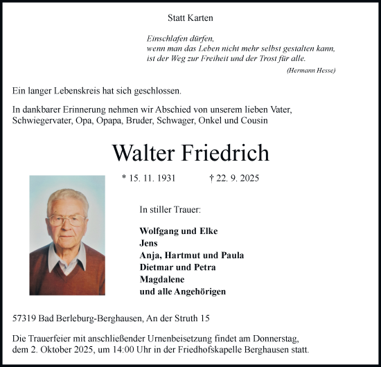 Traueranzeige von Walter Friedrich von Tageszeitung