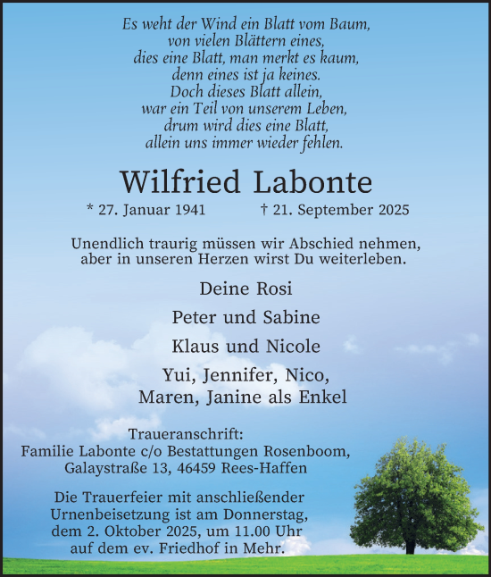 Traueranzeige von Wilfried Labonte von Tageszeitung