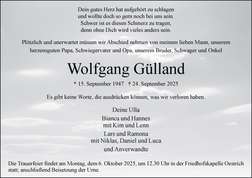  Traueranzeige für Wolfgang Gülland vom 27.09.2025 aus Tageszeitung