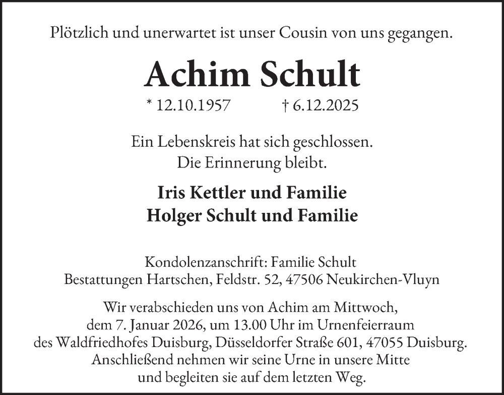  Traueranzeige für Achim Schult vom 03.01.2026 aus Tageszeitung