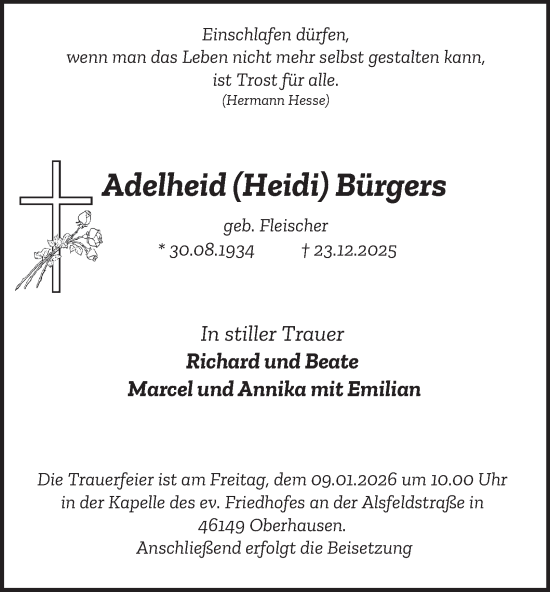Traueranzeige von Adelheid Bürgers von Tageszeitung