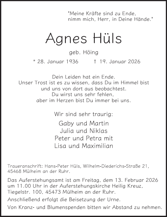 Traueranzeige von Agnes Hüls von Tageszeitung