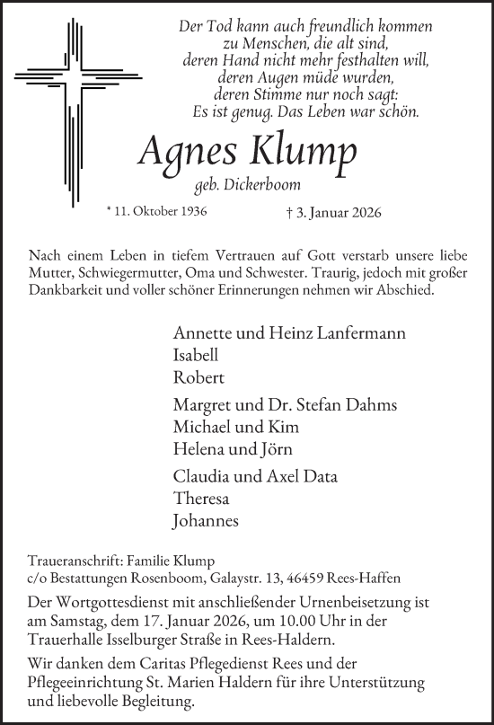 Traueranzeige von Agnes Klump von Tageszeitung