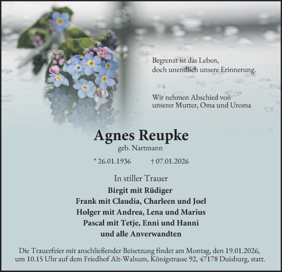 Traueranzeige von Agnes Reupke von Tageszeitung