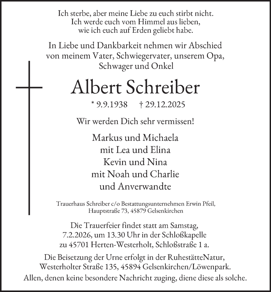  Traueranzeige für Albert Schreiber vom 31.01.2026 aus Tageszeitung