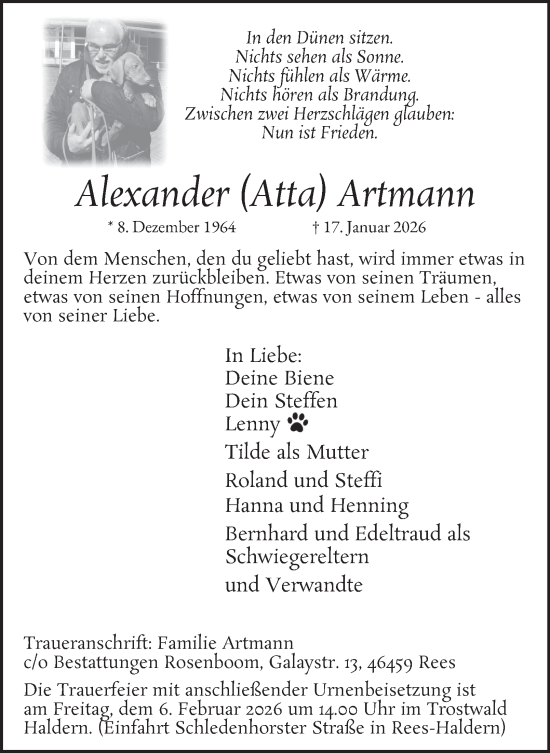Traueranzeige von Alexander Artmann von Tageszeitung