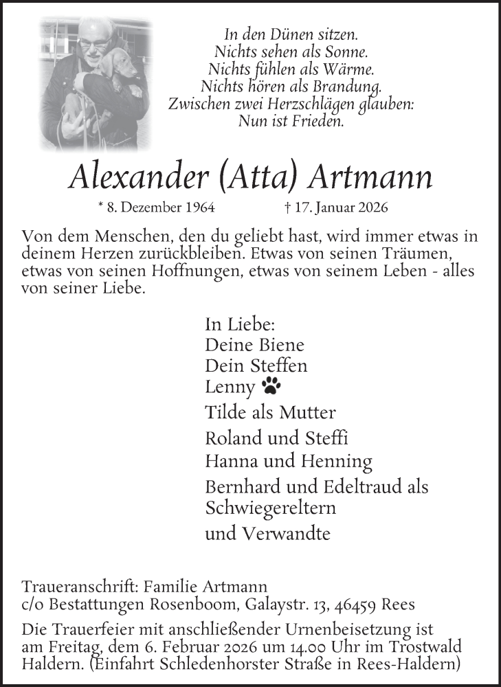  Traueranzeige für Alexander Artmann vom 31.01.2026 aus Tageszeitung