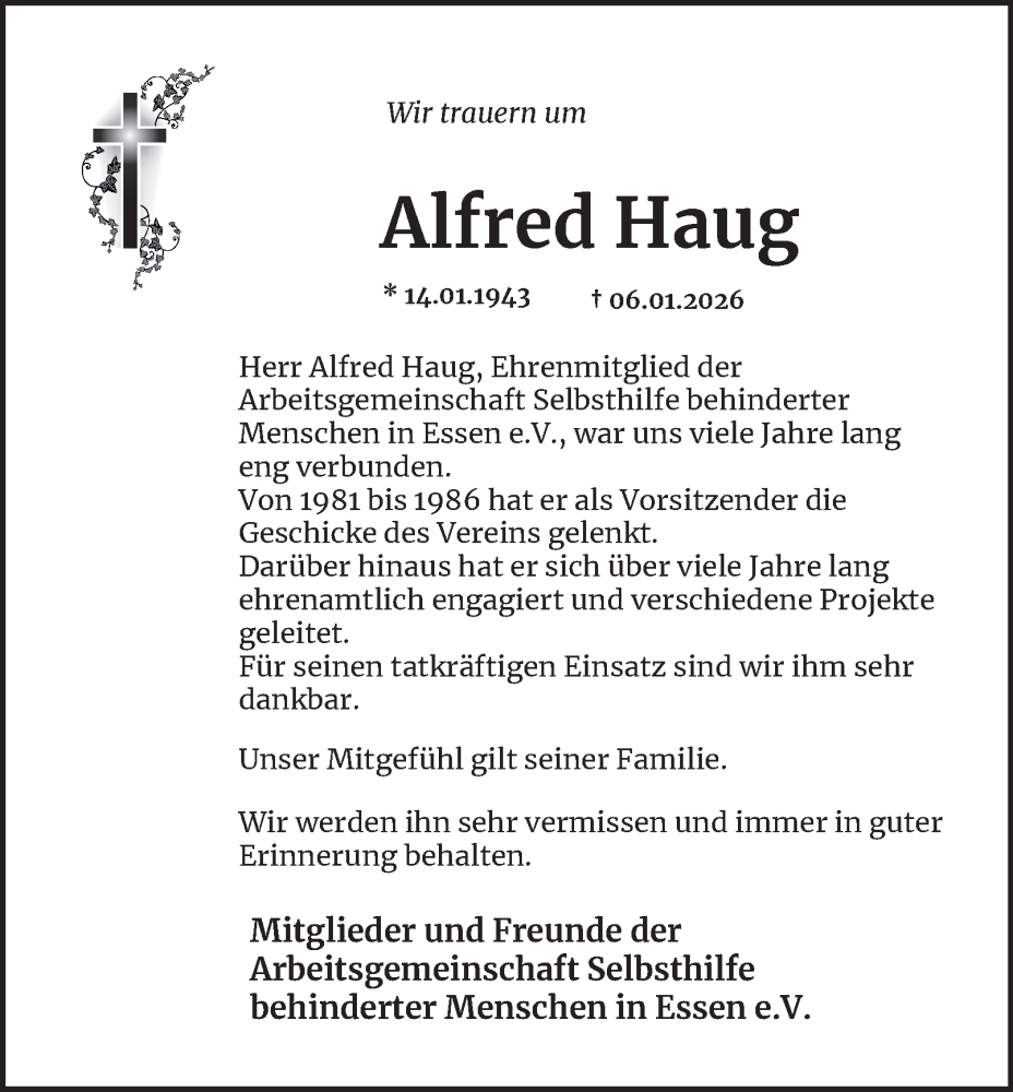  Traueranzeige für Alfred Haug vom 24.01.2026 aus Tageszeitung
