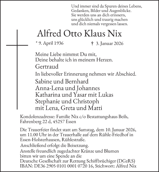 Traueranzeige von Alfred Otto Klaus Nix von Tageszeitung