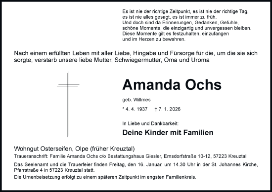 Traueranzeige von Amanda Ochs von Tageszeitung