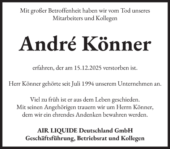 Traueranzeige von Andre Könner von Tageszeitung