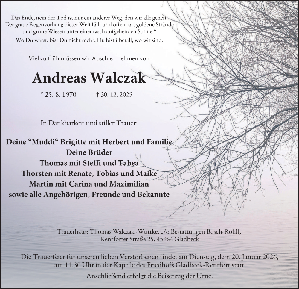  Traueranzeige für Andreas Walczak vom 13.01.2026 aus Tageszeitung
