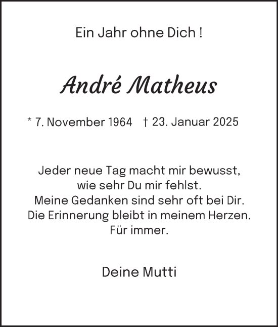 Traueranzeige von André Matheus von Tageszeitung