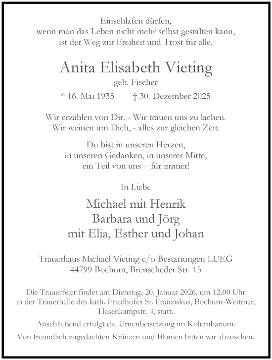 Traueranzeige von Anita Elisabeth Vieting von Tageszeitung