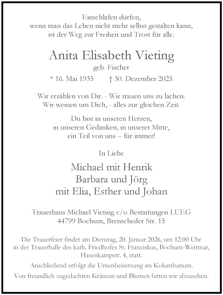  Traueranzeige für Anita Elisabeth Vieting vom 17.01.2026 aus Tageszeitung