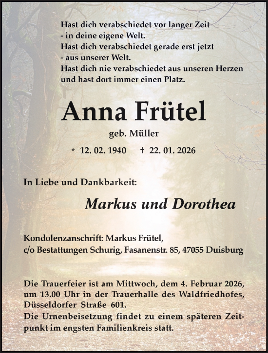 Traueranzeige von Anna Frütel von Tageszeitung