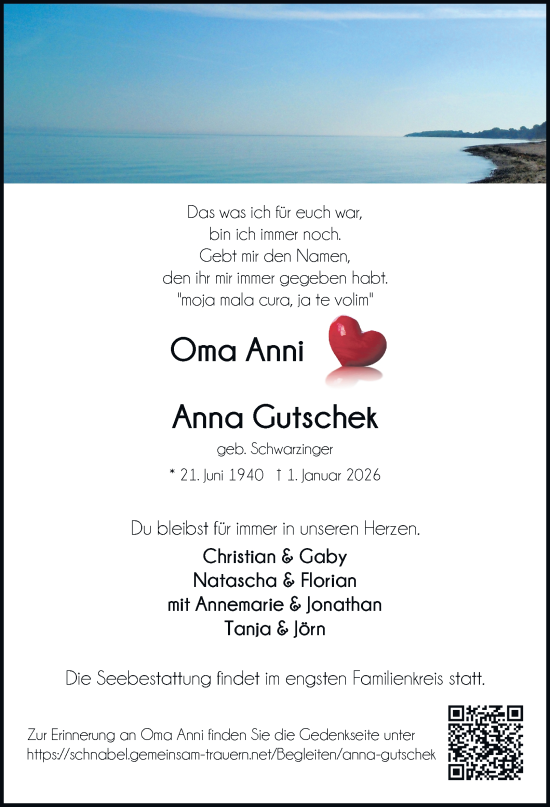 Traueranzeige von Anna Gutschek von Tageszeitung