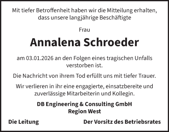 Traueranzeige von Annalena Schroeder von Tageszeitung