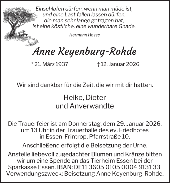 Traueranzeige von Anne Keyenburg-Rohde von Tageszeitung