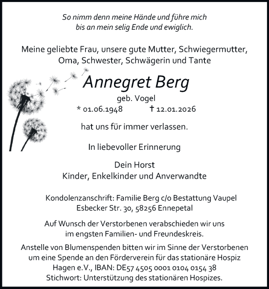 Traueranzeige von Annegret Berg von Tageszeitung