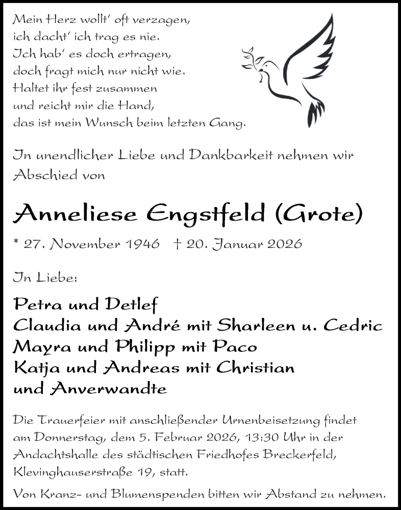 Traueranzeige für Anneliese Engstfeld vom 31.01.2026 aus Tageszeitung
