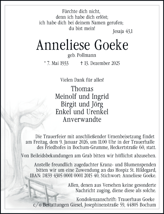 Traueranzeige von Anneliese Goeke von Tageszeitung
