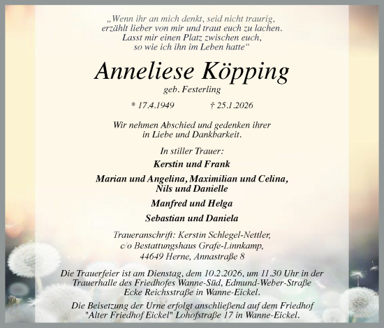 Traueranzeige von Anneliese Köpping von Tageszeitung