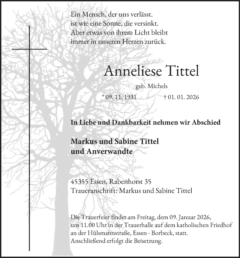  Traueranzeige für Anneliese Tittel vom 08.01.2026 aus Tageszeitung