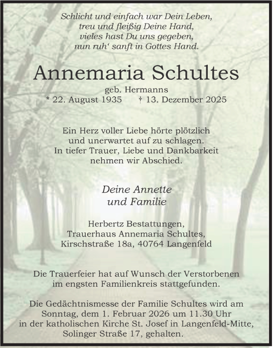 Traueranzeige von Annemaria Schultes von Tageszeitung