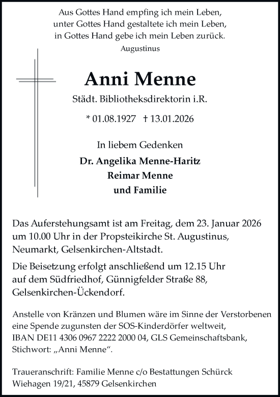 Traueranzeige von Anni Menne von Tageszeitung