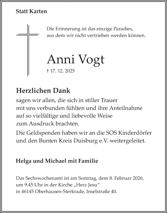 Traueranzeige von Anni Vogt von Tageszeitung
