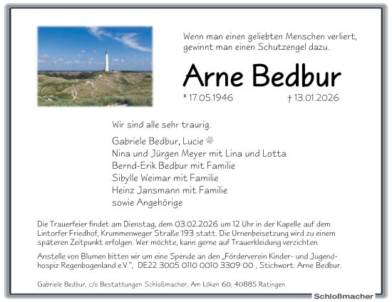 Traueranzeige von Arne Bedbur von Tageszeitung