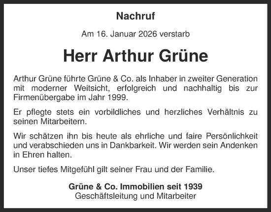 Traueranzeige von Arthur Grüne von Tageszeitung